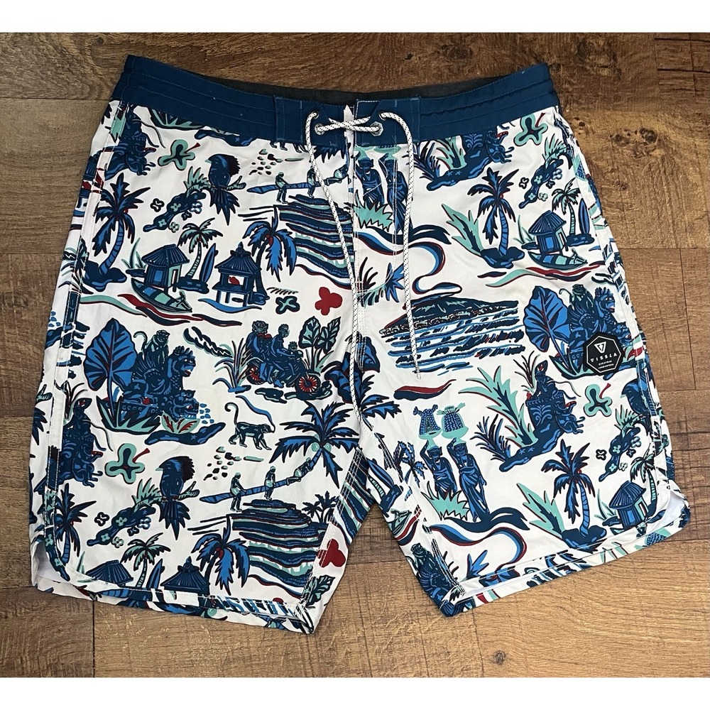 Vissla Mens Printed Boardshorts Size 34 Kali Bagus Shorts Blue Tropical Swim
